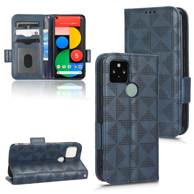 Blue folio wallet phone case with triangle pattern, magnetic closure, card slots, stand