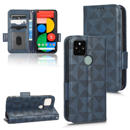Blue folio wallet phone case with triangle pattern, magnetic closure, card slots, stand