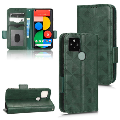 Dark green leather wallet phone case with symmetric triangle pattern, flip stand and card pocket