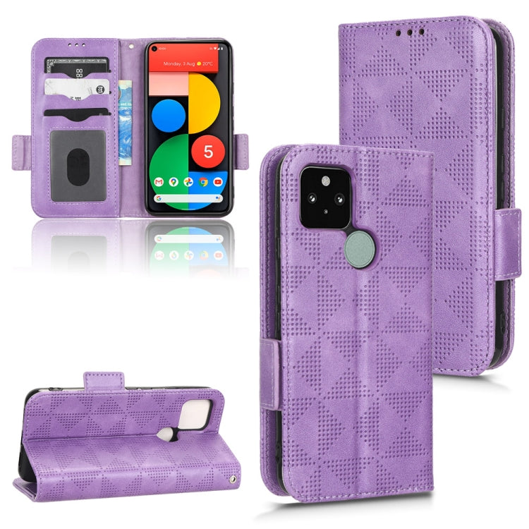 Purple leather phone case with symmetrical triangle pattern, flip cover and camera opening