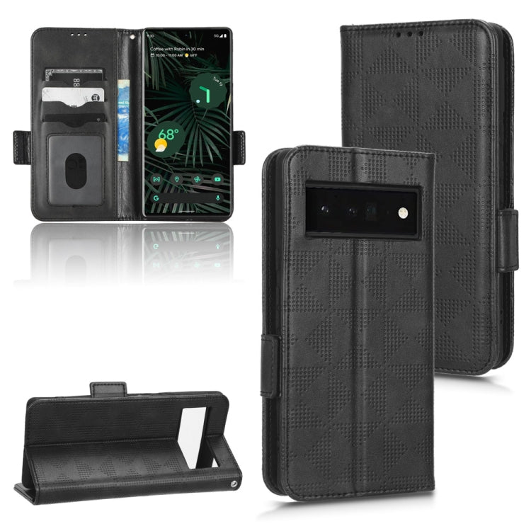 Black triangle-embossed leather-look phone wallet case with back camera cutout and stand