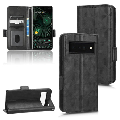 Black triangle-embossed leather-look phone wallet case with back camera cutout and stand