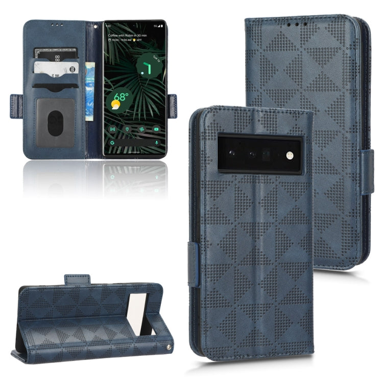 Blue textured folio phone case with triangle diamond pattern, magnetic flap, card slots