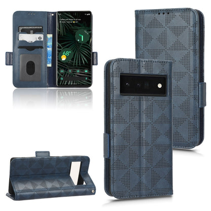 Blue textured folio phone case with triangle diamond pattern, magnetic flap, card slots