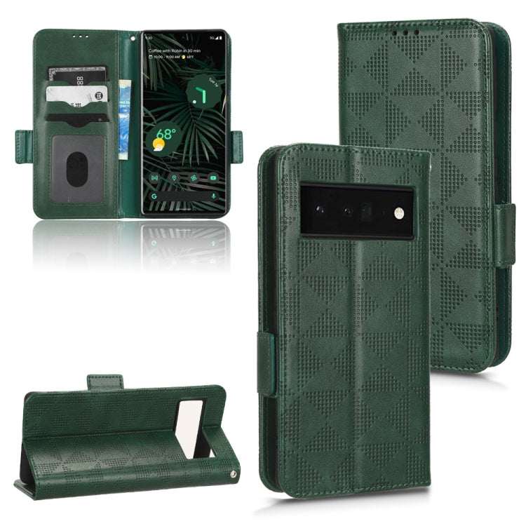 Dark green leather phone case with symmetric triangle pattern, flip wallet cover and back camera opening