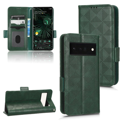 Dark green leather phone case with symmetric triangle pattern, flip wallet cover and back camera opening