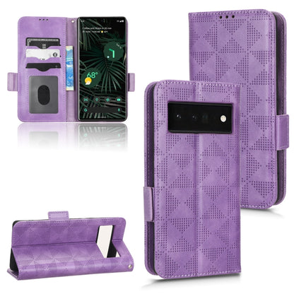Purple leather phone case with symmetrical triangle pattern, flip cover and stand view