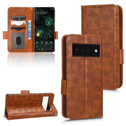 Brown leather phone wallet case with geometric diamond pattern, flip cover stand and cutouts