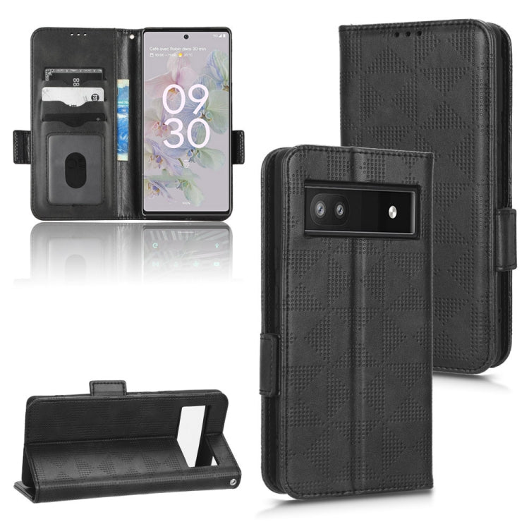 Black embossed leather-look phone case with symmetrical triangle texture, flip cover and strap