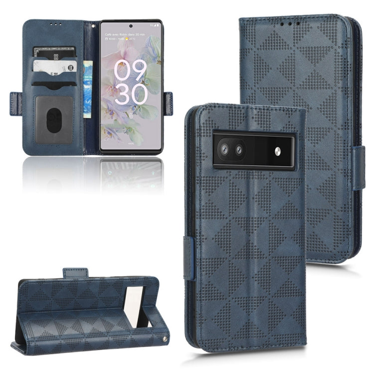 Blue folio phone case with geometric triangle texture, magnetic flap, card holder, stand