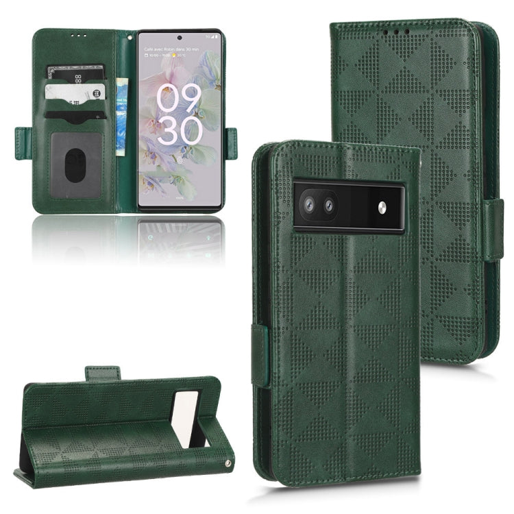 Green patterned leather flip phone case with card slots, stand, and camera cutout