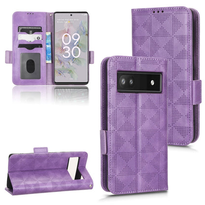 Purple leather phone case with symmetrical triangle pattern, flip cover and dual camera window