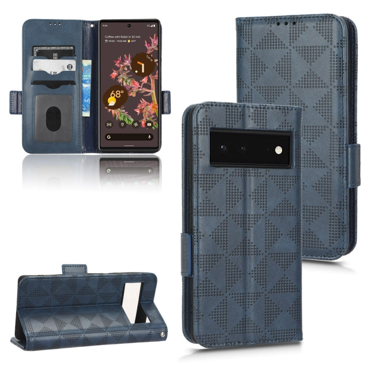 Blue folio phone case with raised triangle pattern, magnetic closure, card slots, stand