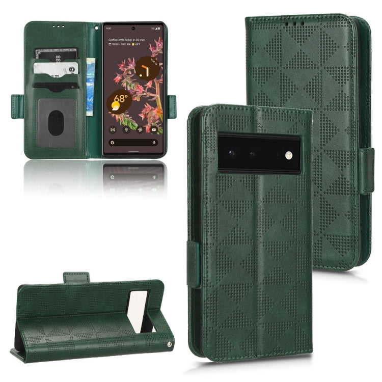 Green patterned leather flip phone case showing front, back, and inner card slots
