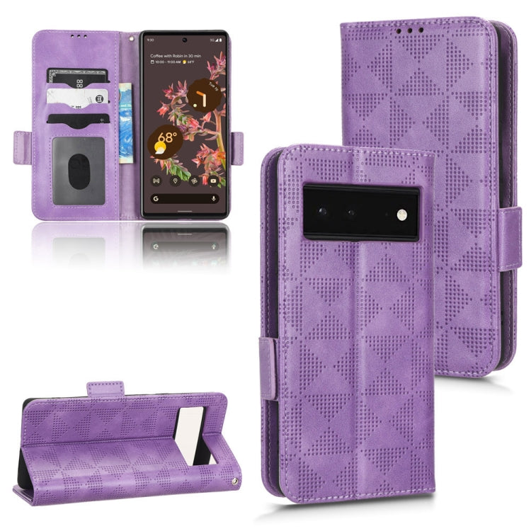 Purple leather phone case with symmetrical triangle pattern, flip cover and rear camera cutout