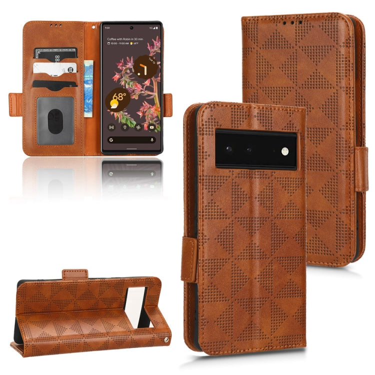 Brown leather phone wallet case with diamond pattern, flip stand view, and camera cutout