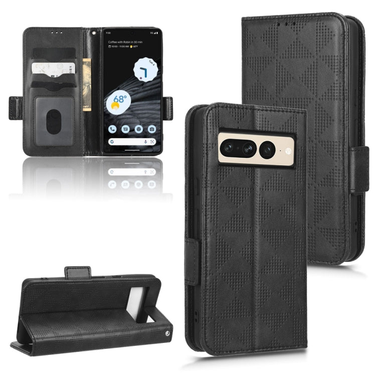 Black textured leather-look phone case with symmetrical triangle pattern, flip cover and stand