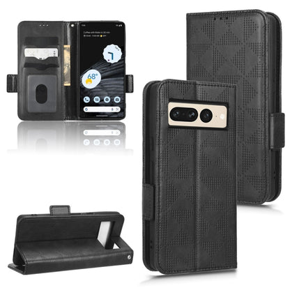 Black textured leather-look phone case with symmetrical triangle pattern, flip cover and stand