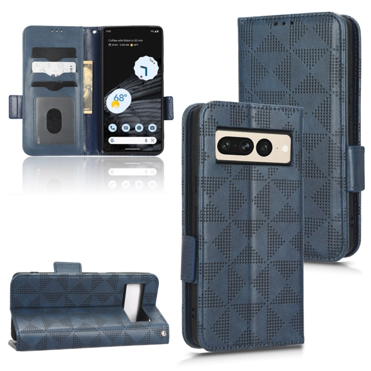 Blue folio phone case with triangle texture, magnetic flap, card slots, cutouts, stand