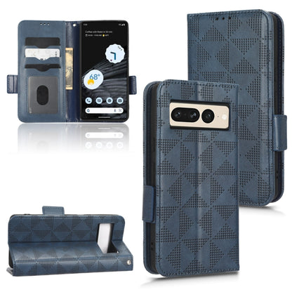 Blue folio phone case with triangle texture, magnetic flap, card slots, cutouts, stand