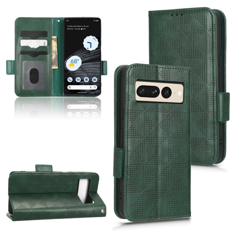 Green patterned leather phone case with flip cover, card slots, and camera cutout