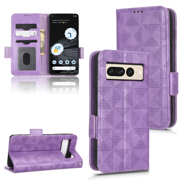 Purple leather phone case with symmetrical triangle pattern, flip cover with card slot and strap