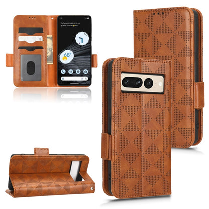 Brown leather phone wallet case with diamond texture, dual-camera cutout, and card slots