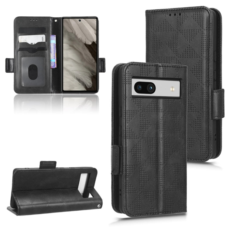 Black triangle-embossed leather-look phone wallet case with flip cover, strap, and stand