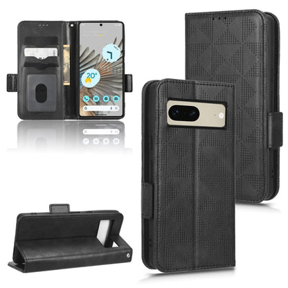 Black leather-look flip phone case with geometric triangle pattern and card slots