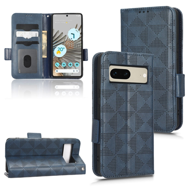 Blue folio phone case with geometric triangle pattern, magnetic closure, card slots, stand