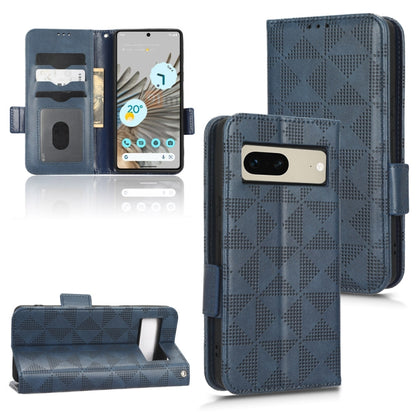 Blue folio phone case with geometric triangle pattern, magnetic closure, card slots, stand