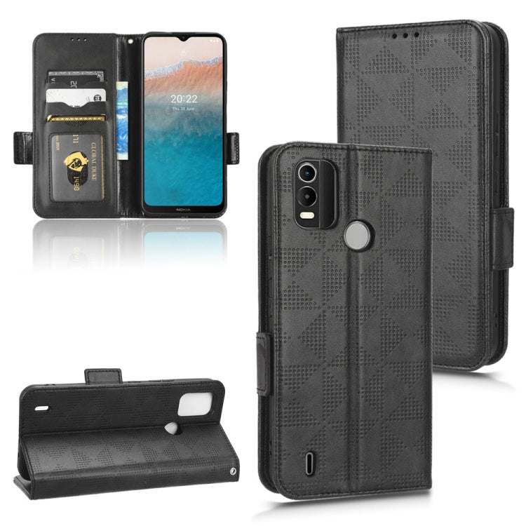 Black folio leather phone case with symmetric triangle pattern, flip cover, card slots