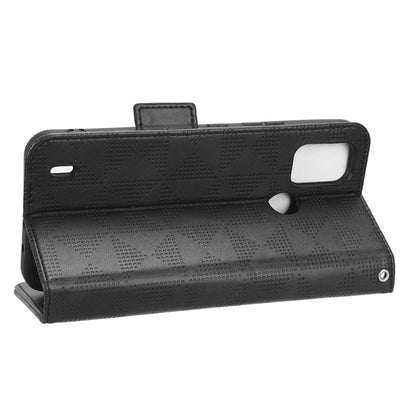 Black flip wallet phone case with symmetric triangle pattern and magnetic closure