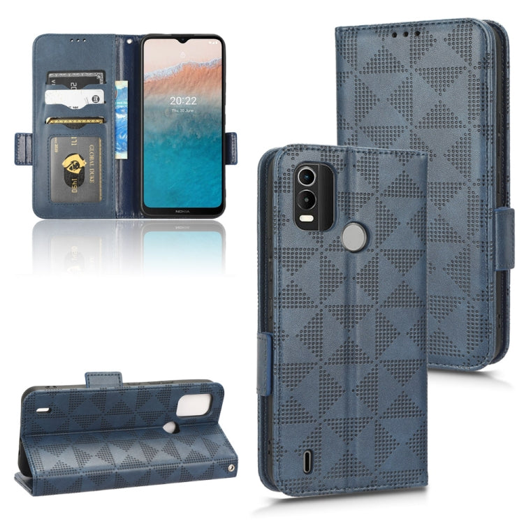 Symmetrical triangle leather phone case, blue folio with magnetic flap and card slots