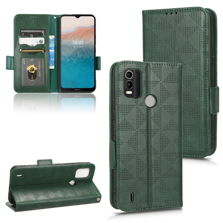 Green leather folio phone case, triangle pattern; card slots and side strap.