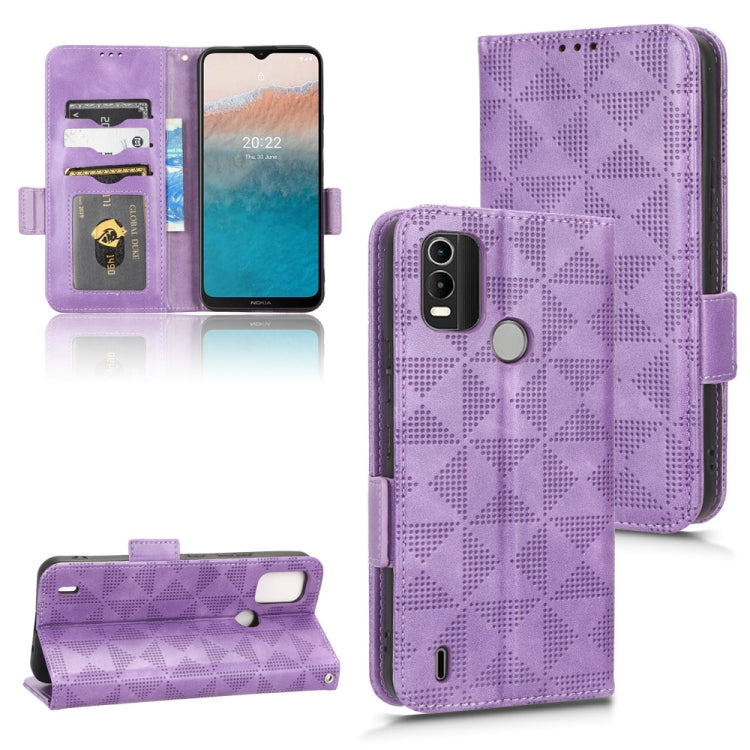 Purple leather folio phone case with geometric triangle pattern; card slots and side strap.