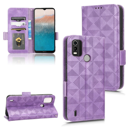 Purple leather folio phone case with geometric triangle pattern; card slots and side strap.