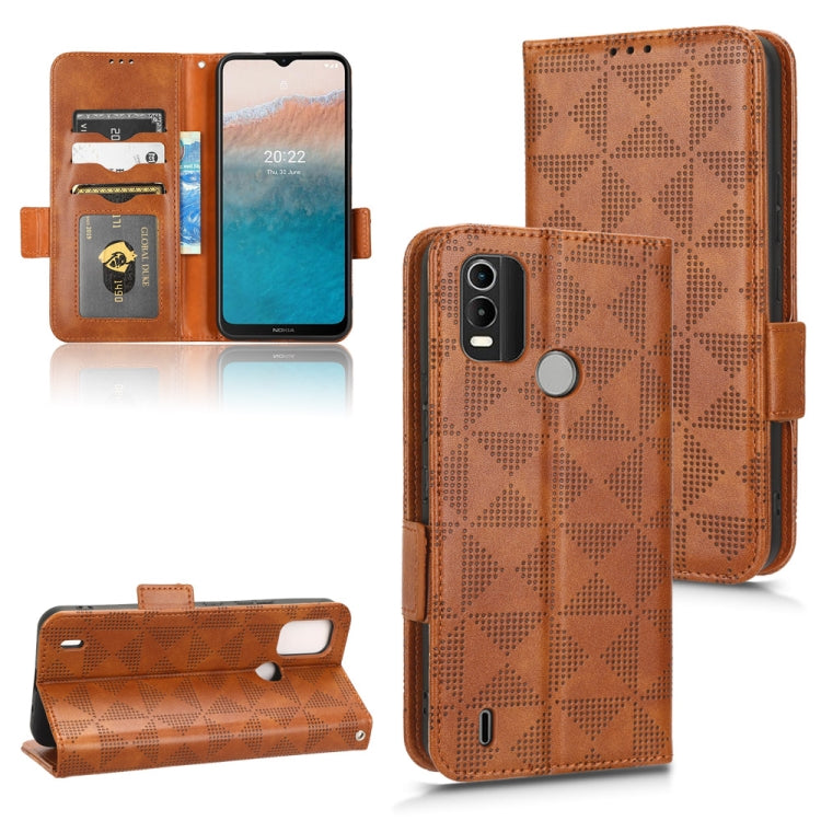 Brown leather wallet phone case with geometric pattern, card slots, and flip stand