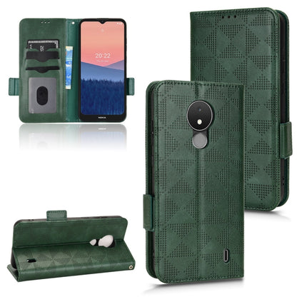 Green leather folio phone case with triangle pattern; phone screen and side strap.