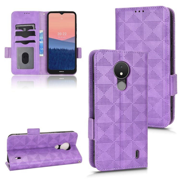 Purple leather folio phone case, triangle pattern; phone screen and side strap.