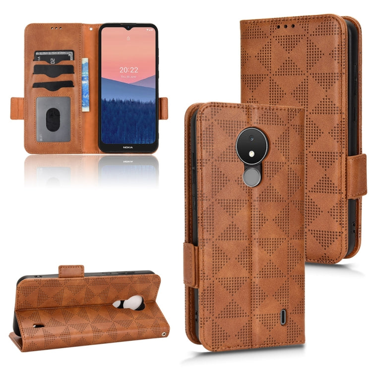 Brown folio wallet phone case with geometric texture, card holders, and magnetic flap