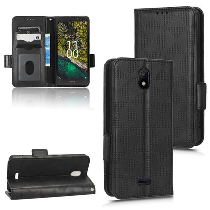 Black folio phone case with symmetric triangle pattern; flip cover and side access