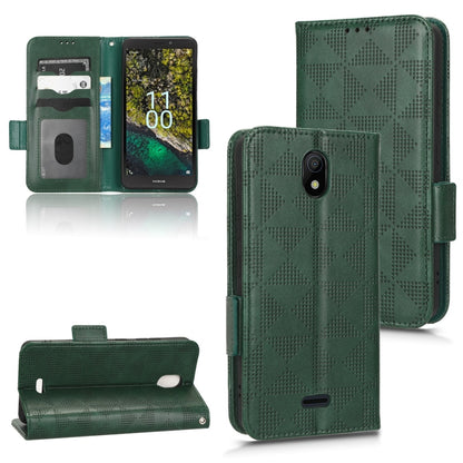 Green leather folio phone case, textured triangle pattern; card holder and side strap.