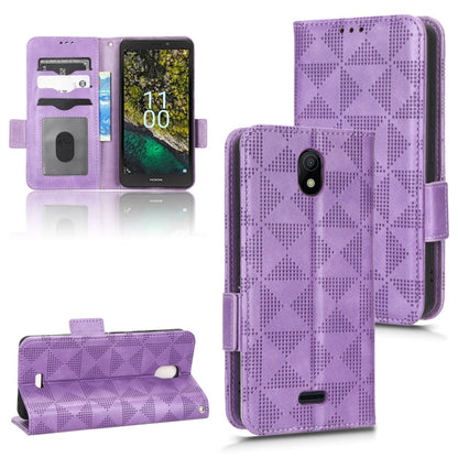 Purple leather wallet phone case with geometric pattern, card slots and flip stand