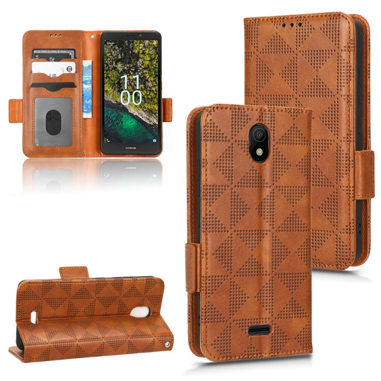 Brown leather wallet phone case with geometric embossing, camera cutout, and card slots