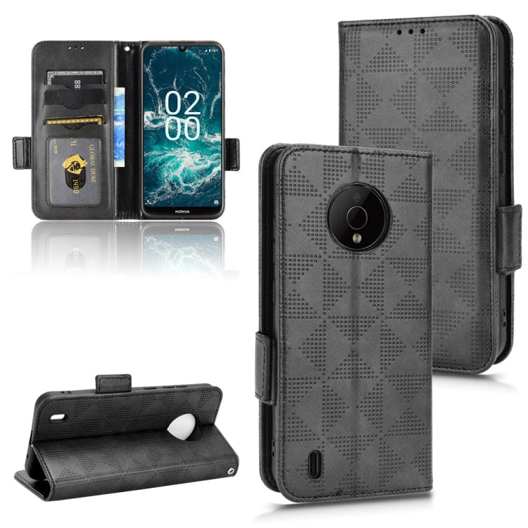 Black textured folio phone case with symmetric triangle pattern and flip cover