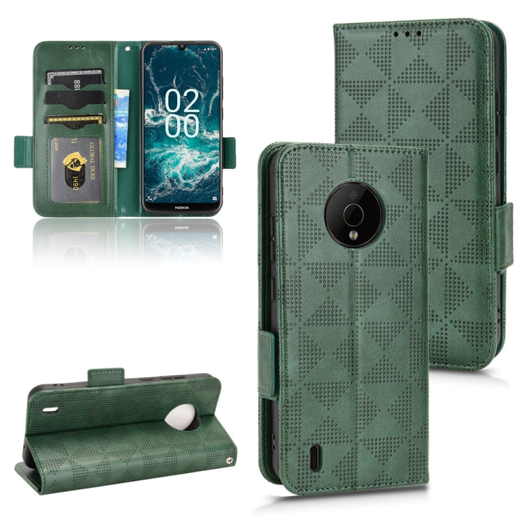 Green leather folio phone case with triangle pattern; phone back cover view with strap.