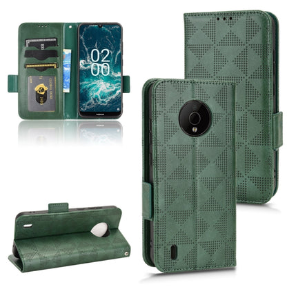 Green leather folio phone case with triangle pattern; phone back cover view with strap.