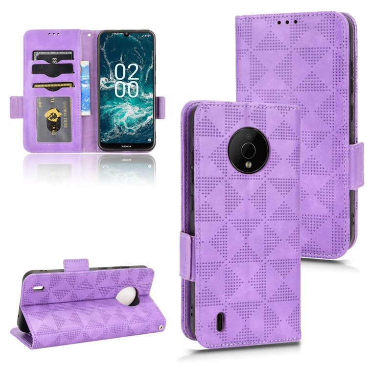 Purple folio wallet phone case with geometric texture, card holders, and magnetic flap