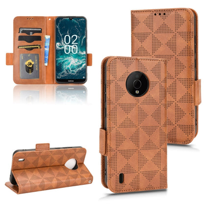Brown folio phone case with geometric diamond pattern, camera opening and card slots